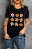 Pumpkin Flower Print Short Sleeve Graphic Top