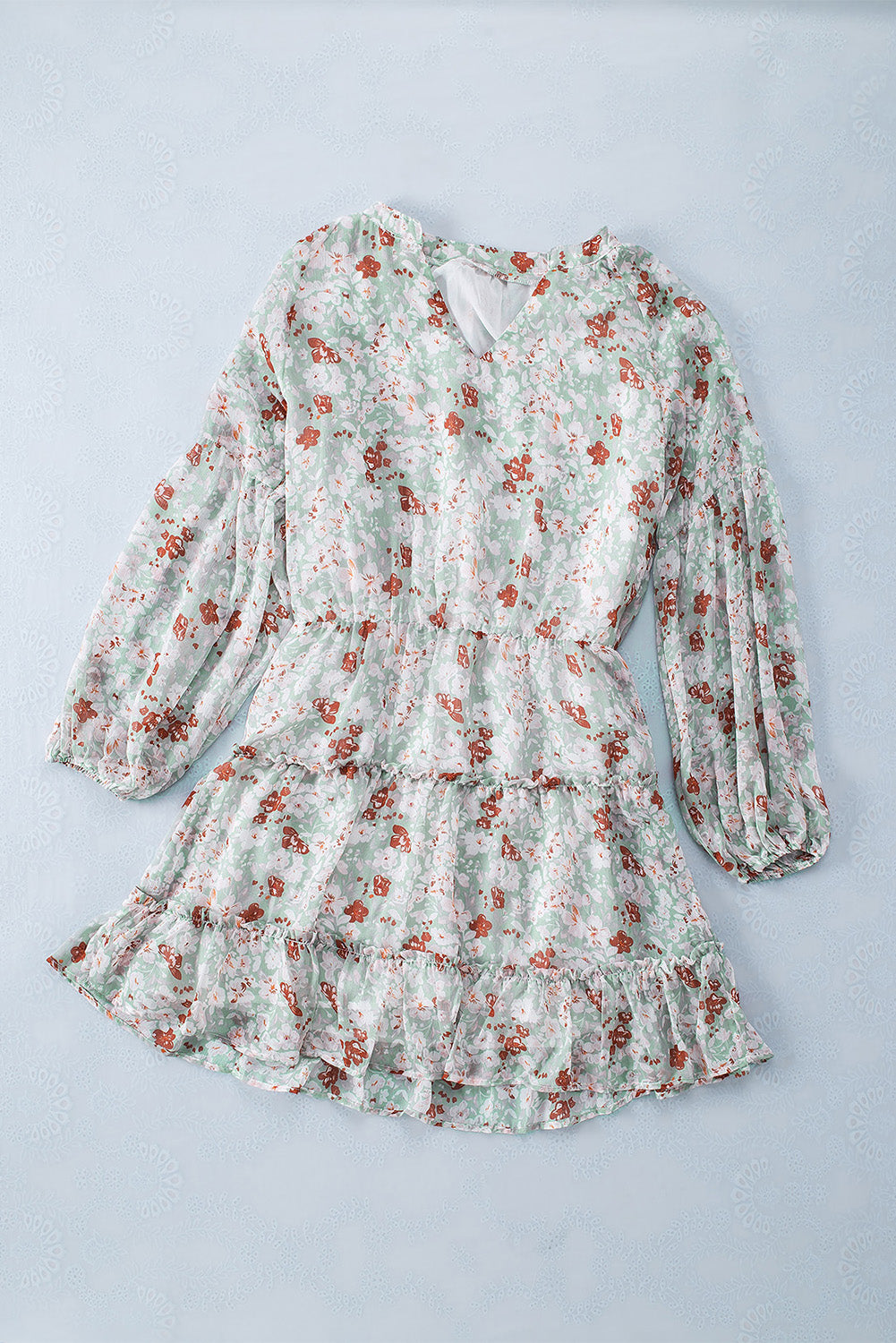 Multicolor V Neck Puff Sleeves Floral Tunic Dress