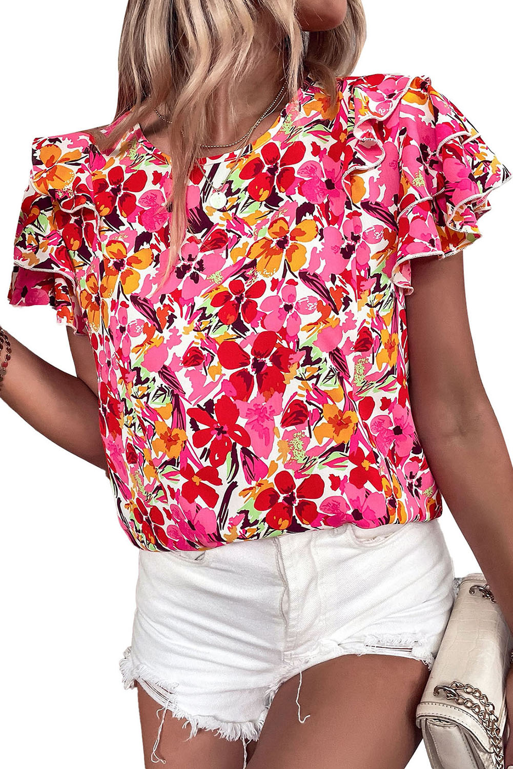 Blouse à manches superposées à fleurs rouge