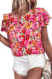 Blouse à manches superposées à fleurs rouge