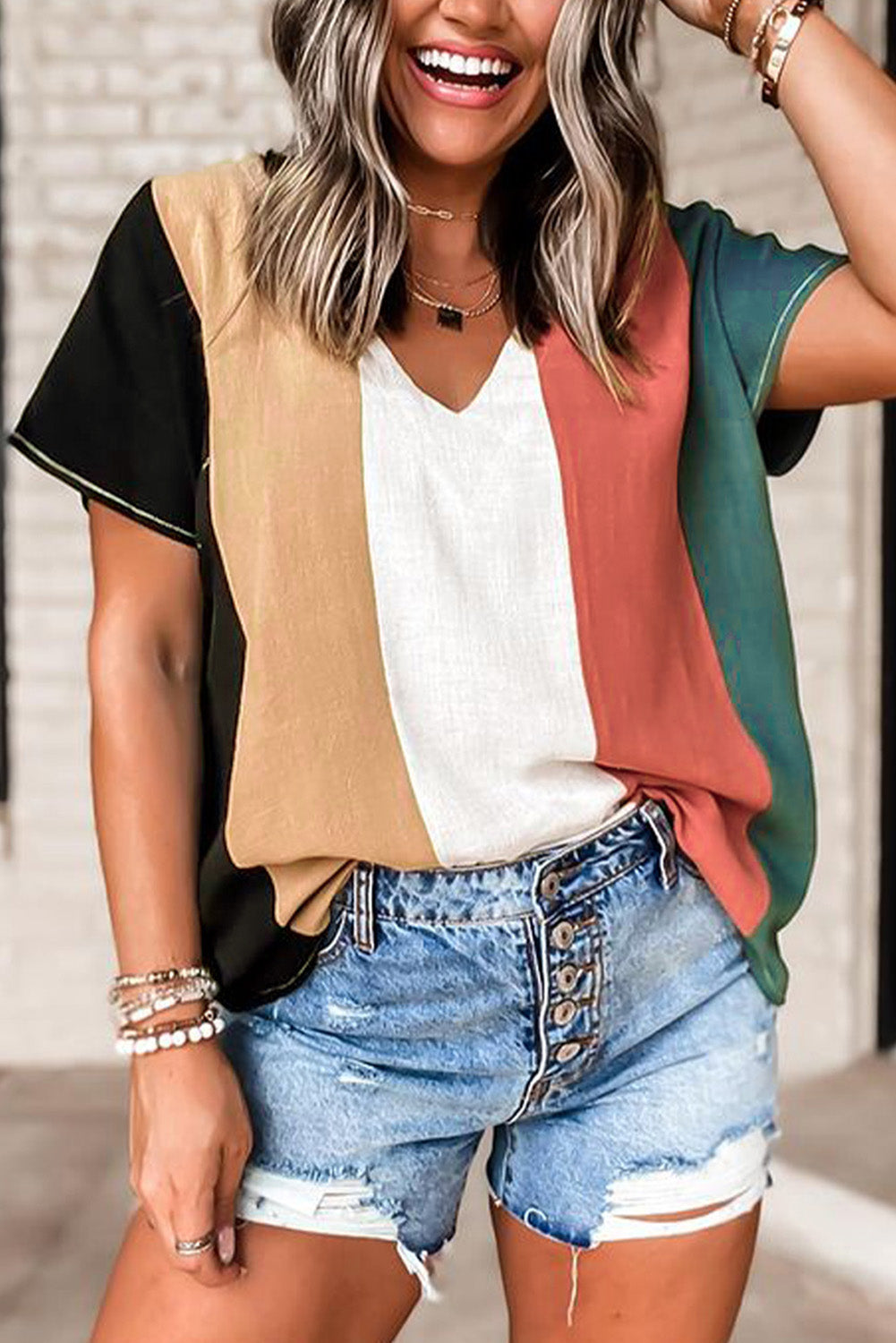 Multicolor Colorblock V Neck Short Sleeve Top