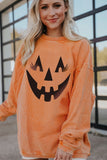 Orange Spooky Season Ghost Print Ribbed Pullover Sweatshirt