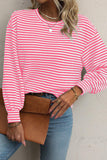 Rose Stripe Round Neck Drop Shoulder Long Sleeve Top