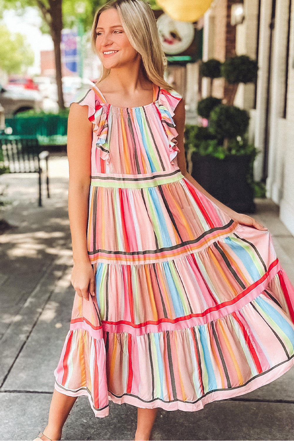 Rainbow Stripe Ruffles Ruched Tiered Dress