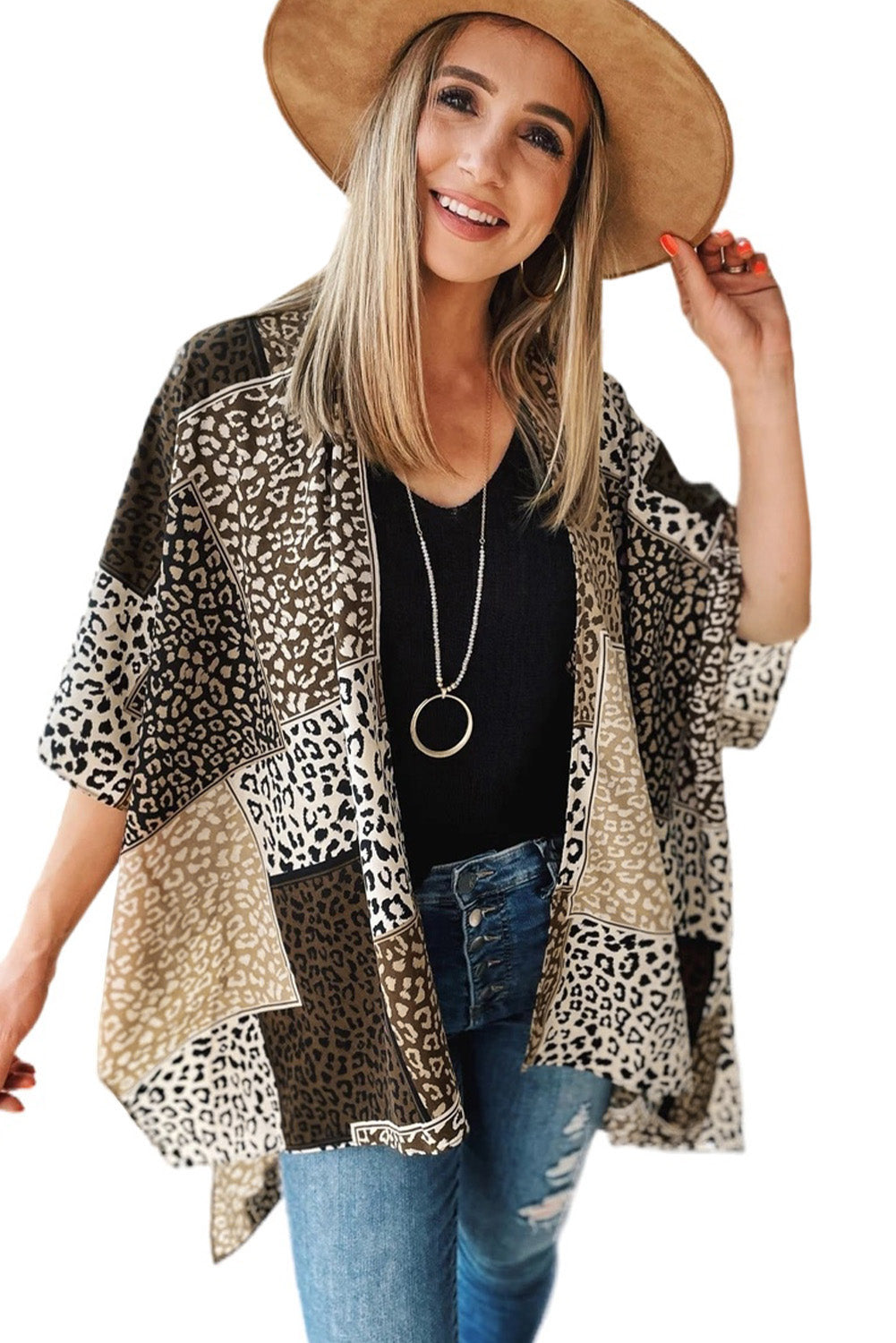 Leopard Color Block Open Front Kimono