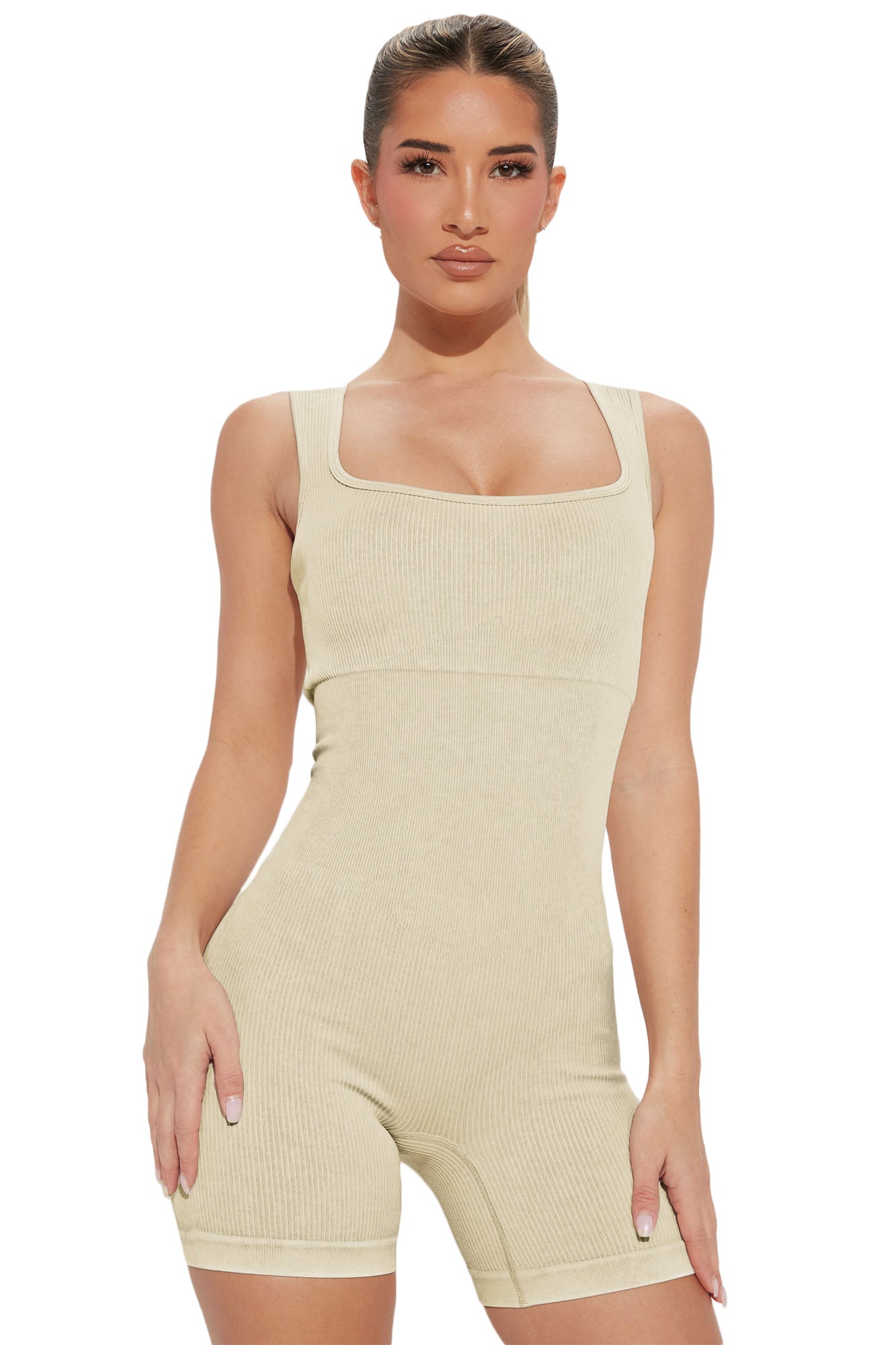 Ribbed Square Neck Padded Sports Romper