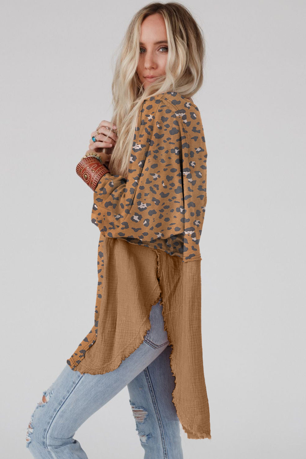 Crinkle Splicing Raw Hem High Low Oversized Blouse