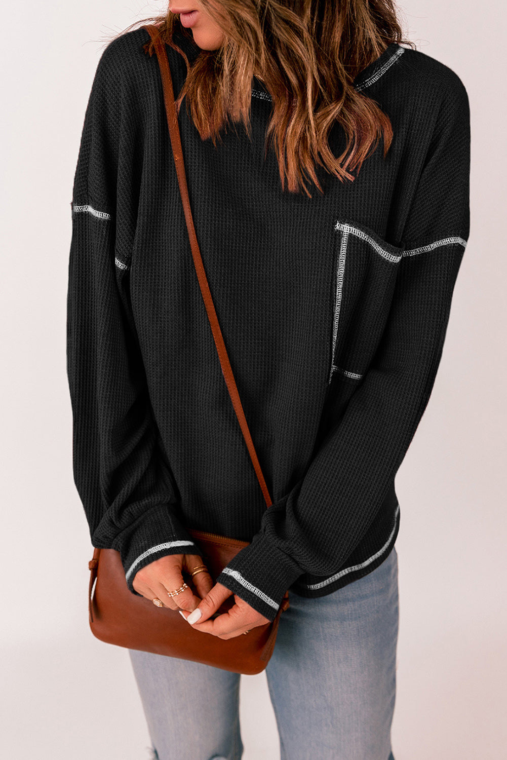 Contrast Stitching Trim Waffle Knit Pullover