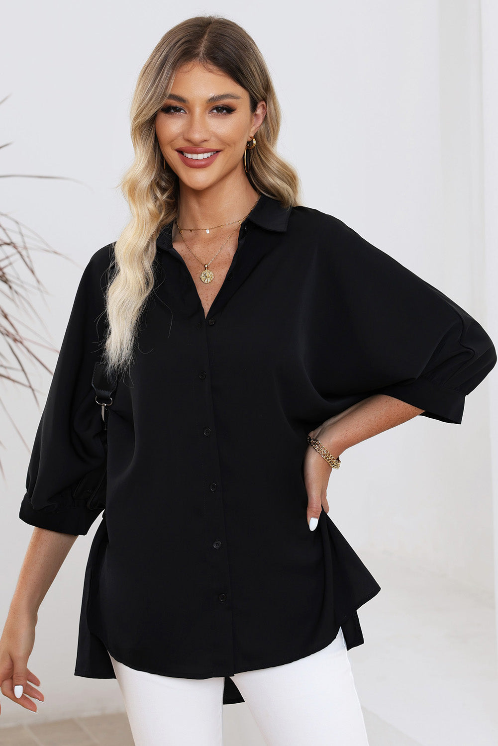 Chemise oversize noire à manches 3/4 bouffantes