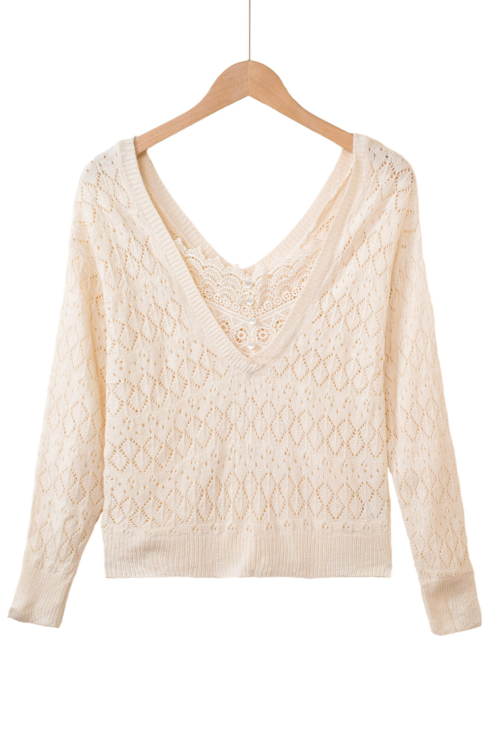 Pull en tricot creux en dentelle boutonnée beige