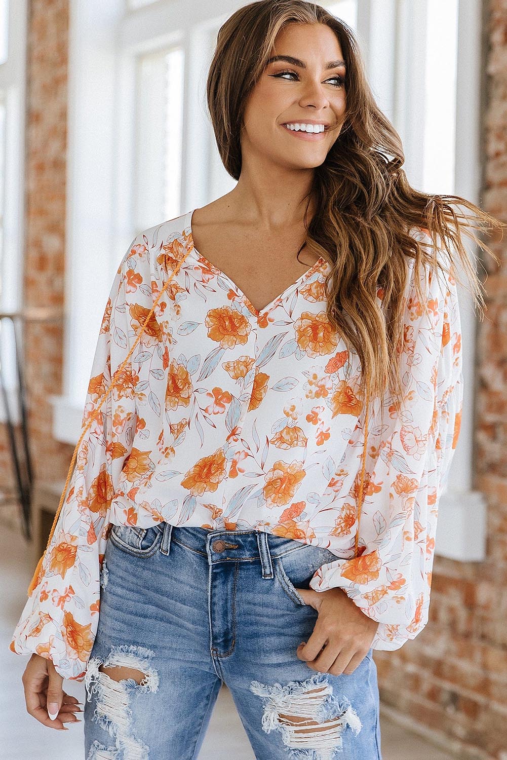 Tassel Tie V Neck Bubble Sleeve Floral Blouse