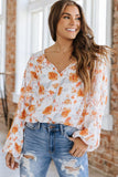 Tassel Tie V Neck Bubble Sleeve Floral Blouse