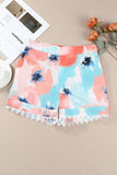 Abstract Water Marbling Print Lace Trim Shorts