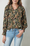 Plus Size Split Neck Ruffled Bubble Sleeve Floral Blouse