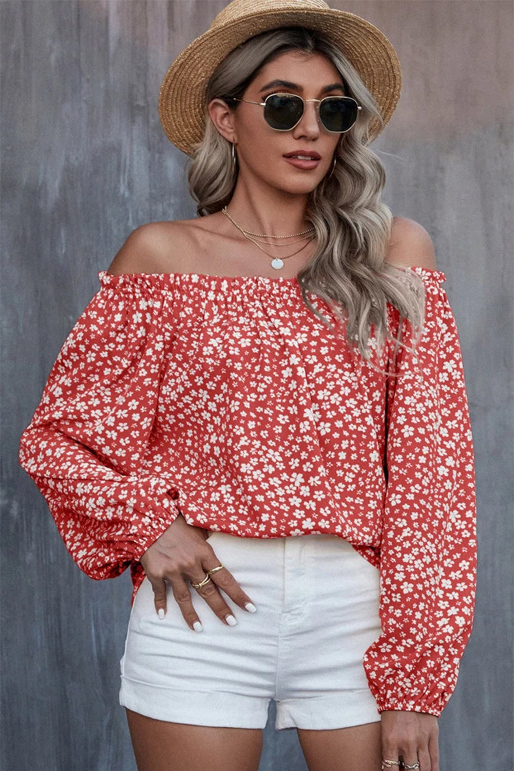 Yellow Floral Print Frill Trim Off-shoulder Lantern Sleeve Blouse