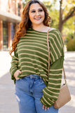 Khaki Stripe Drop Shoulder Casual Sweater