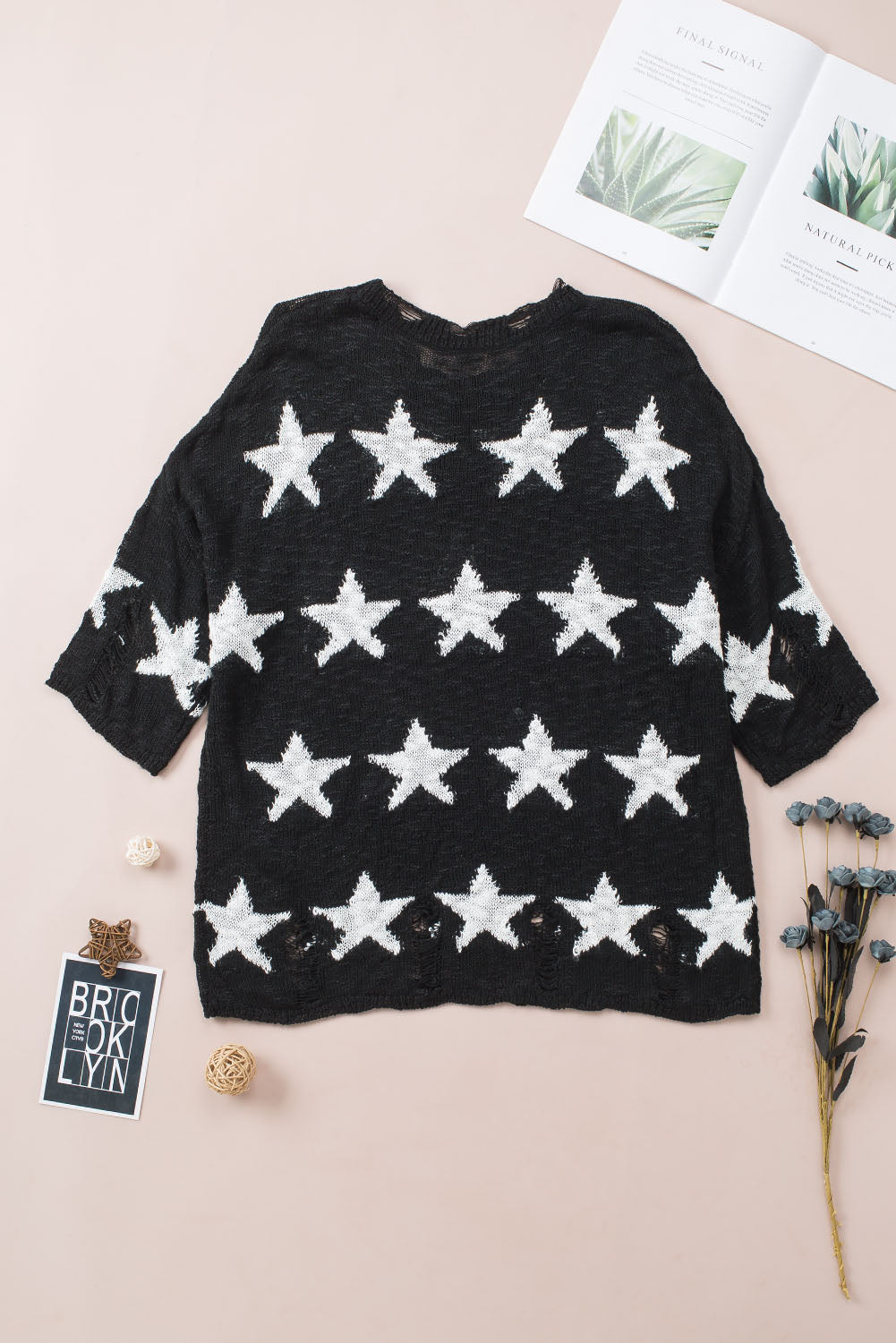 Star Print Half Sleeve Distressed Knit Top