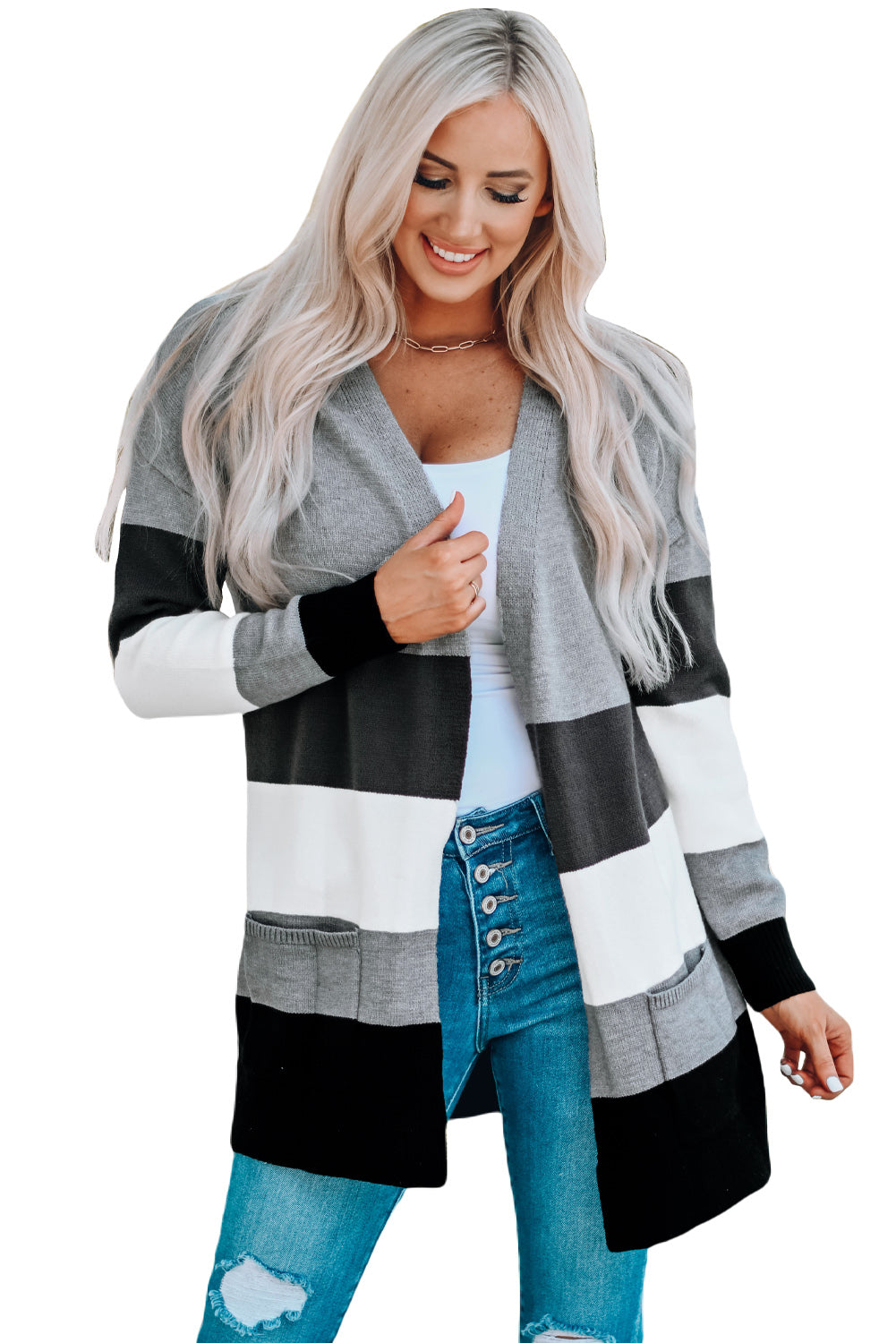 Open Front Colorblock Cardigan with Pockets