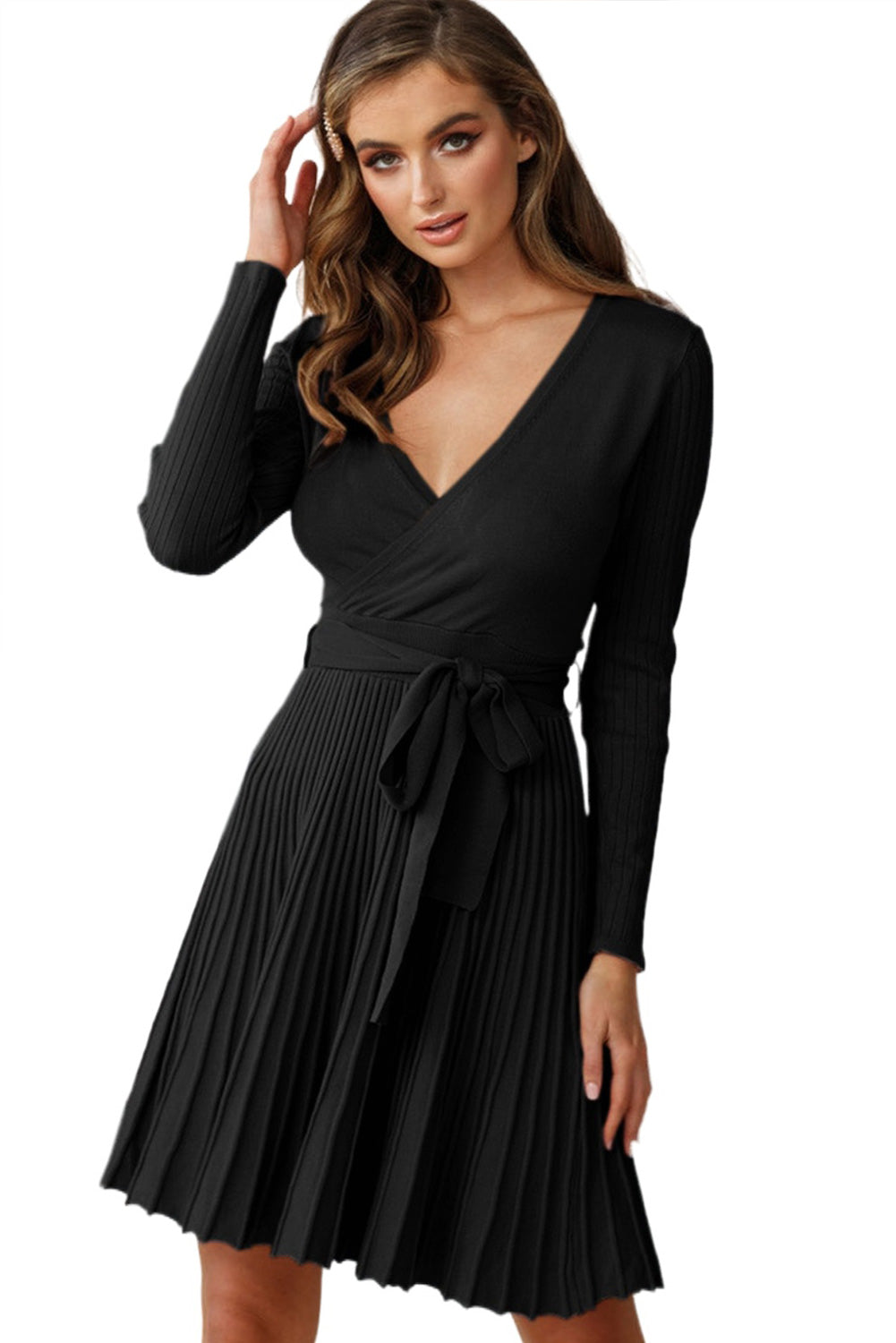 Belted V Neck Ribbed Pleated Sweater Dress