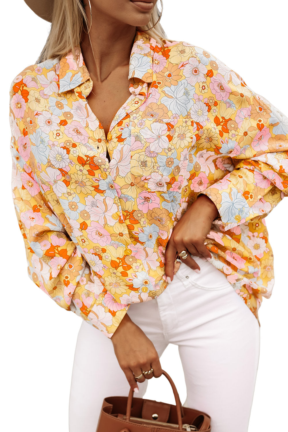 Floral Print Turn Down Collar Loose Shirt