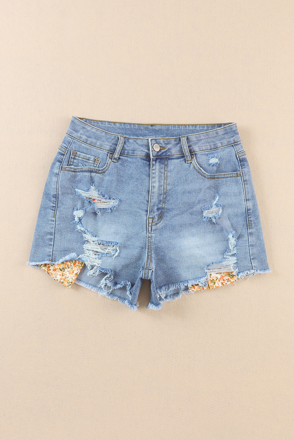 Floral Knit Insert Distressed Raw Hem Denim Shorts