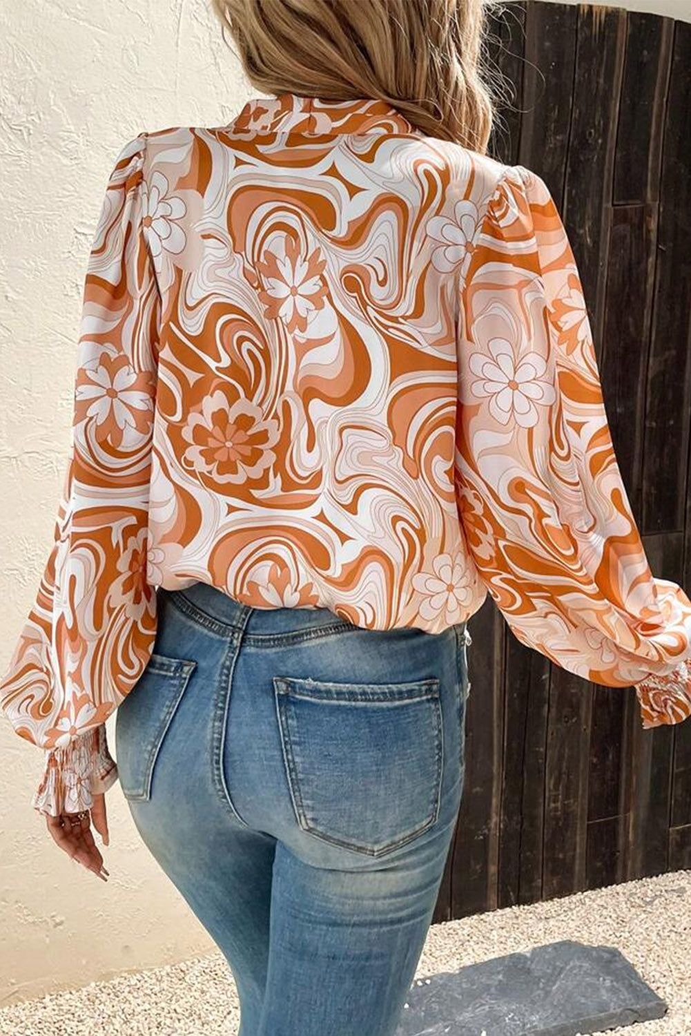 Floral Swirl Printed Bishop Sleeve Surplice Blouse