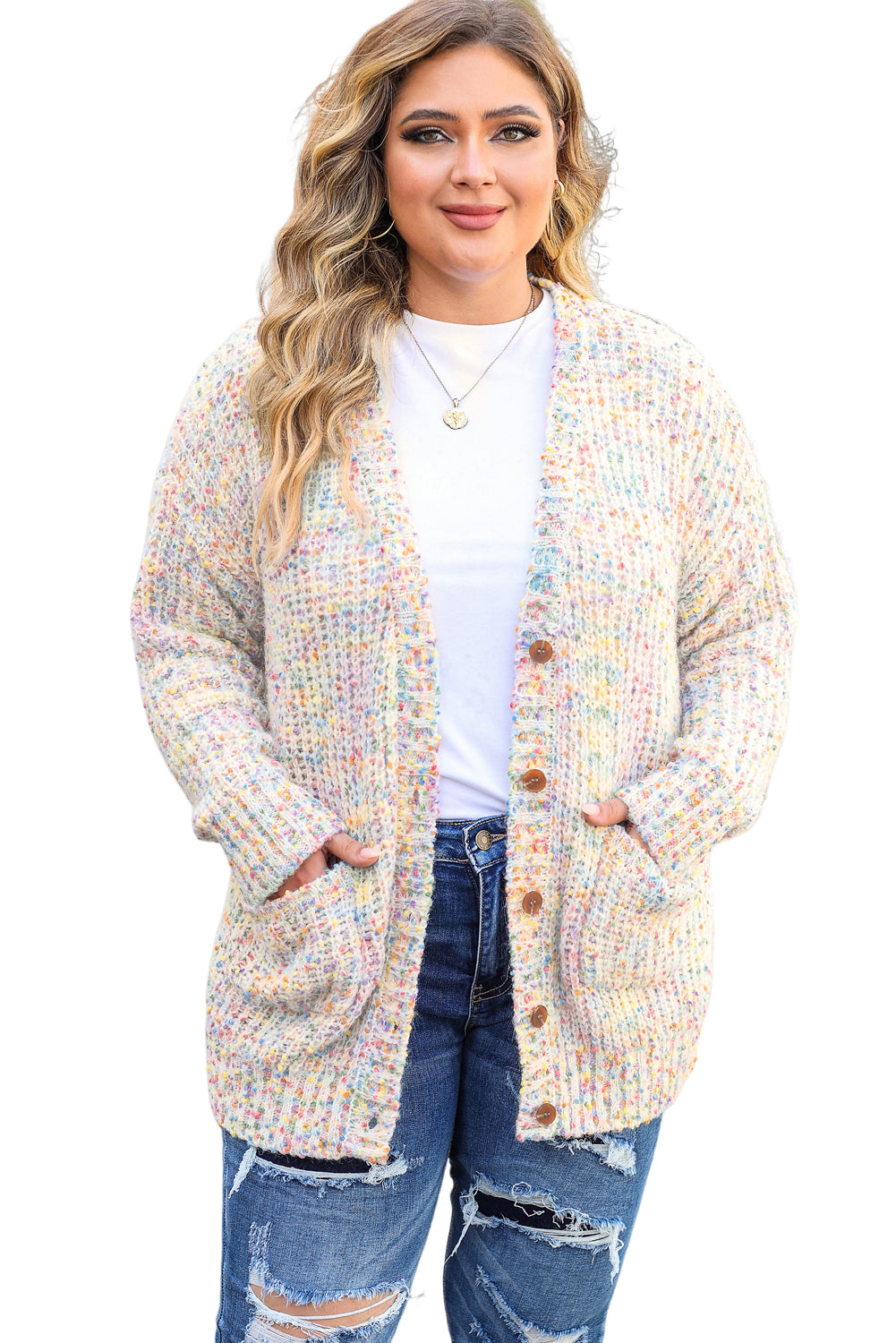 Cardigan Multicolore en Fils Mélangés Grande Taille Abricot