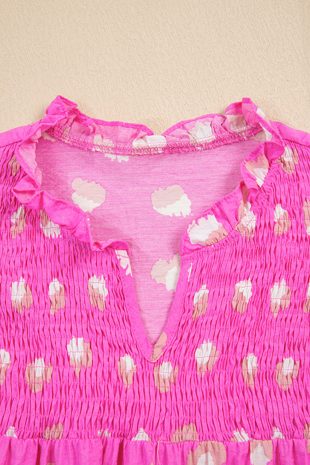 Bright Pink Printed Shirred Yoke Half Puff Sleeve Dress