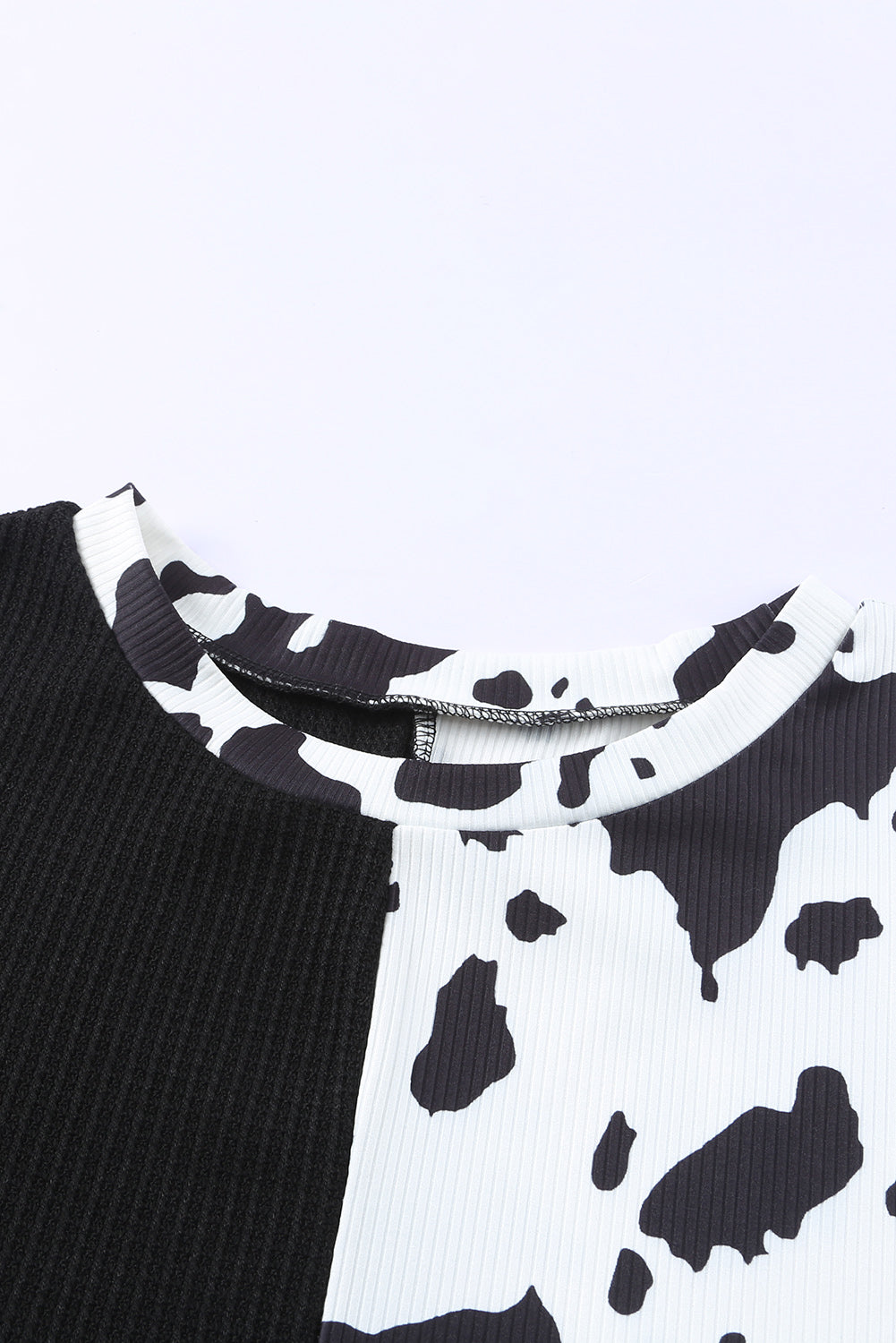 Cow Patchwork Waffle Knit Long Sleeve Top