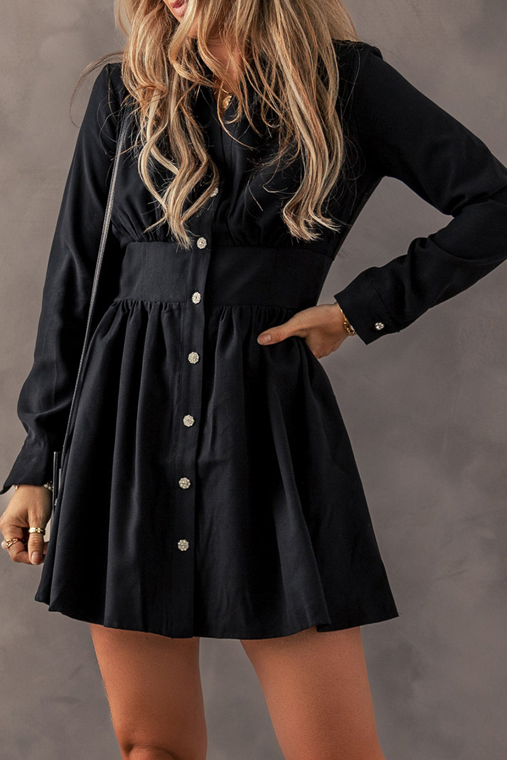 Black Elastic Cinched High Waist Long Sleeve Shirt Mini Dress