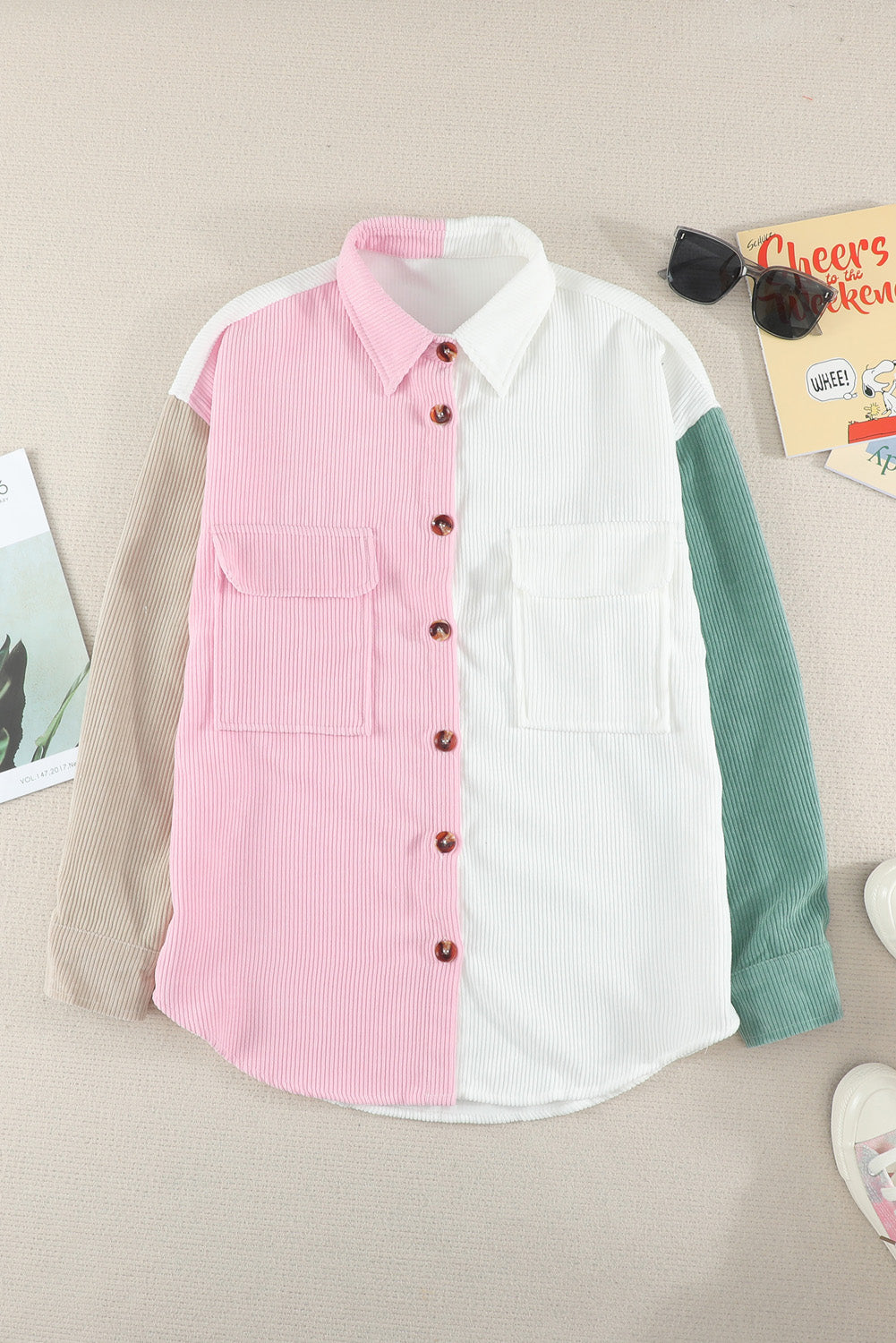 Pink Color Block Button Shirt with Pocket