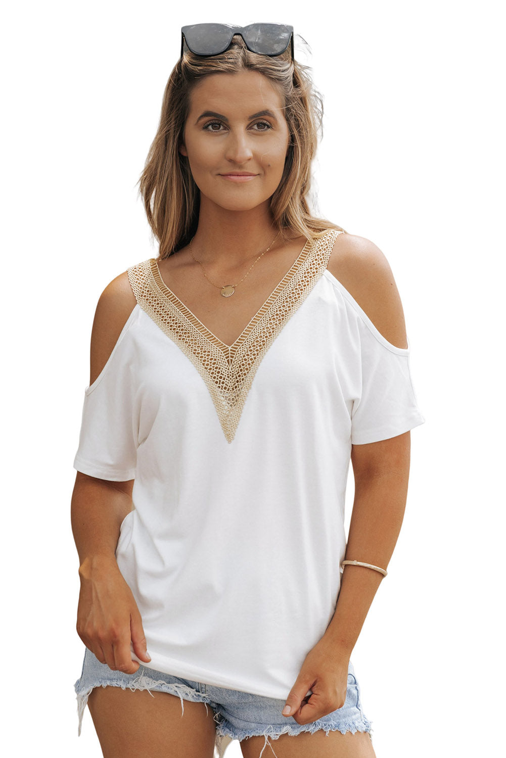 White Contrast Guipure Lace Cold Shoulder Tee