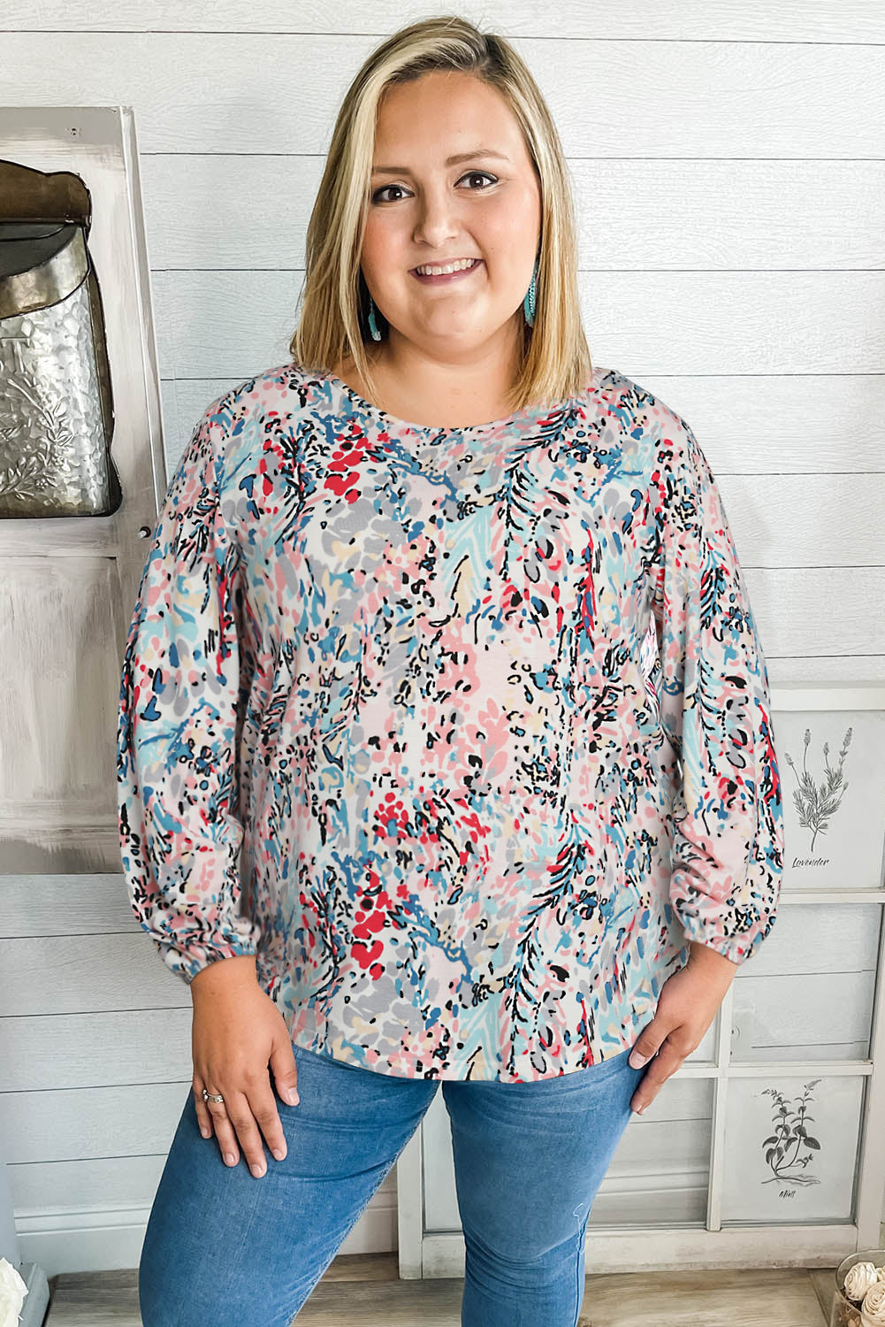 Printed Wide Neck Thumbhole Sleeve Henley Top