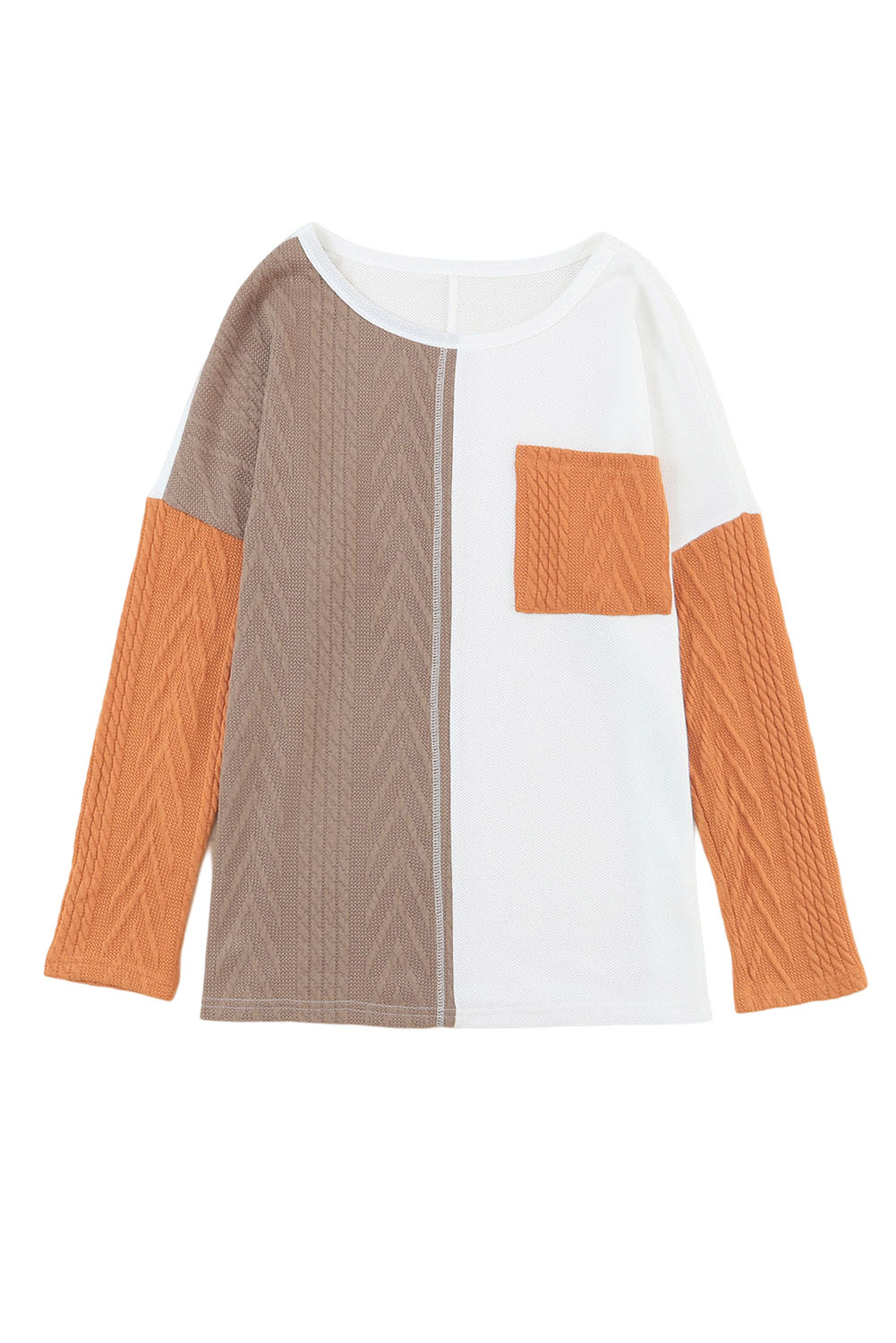 Orange Long Sleeve Colorblock Chest Pocket Textured Knit Top