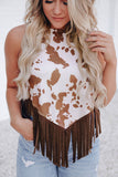 Cow Printed Fringe Hem Tank Top