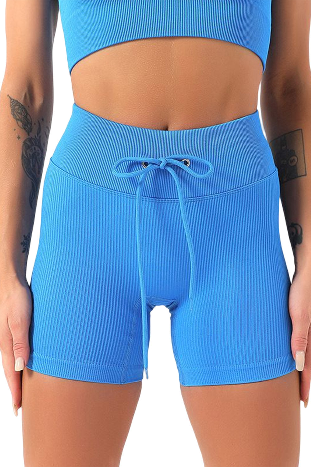 Short de yoga gris à taille avec cordon de serrage côtelé de couleur unie