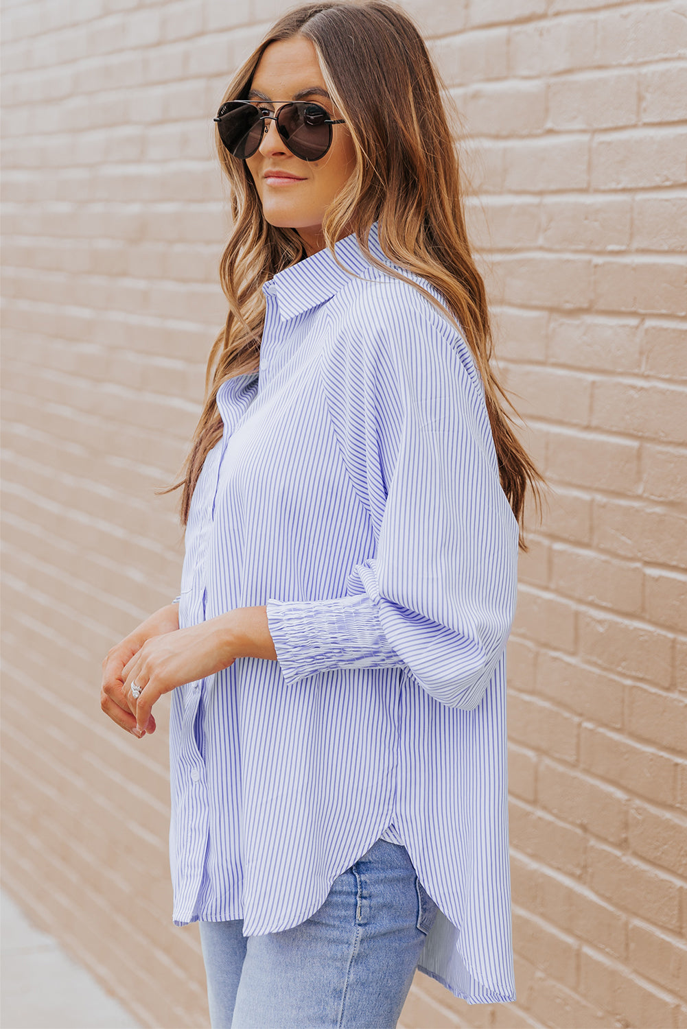 Smocked Cuffed Striped Boyfriend Shirt with Pocket