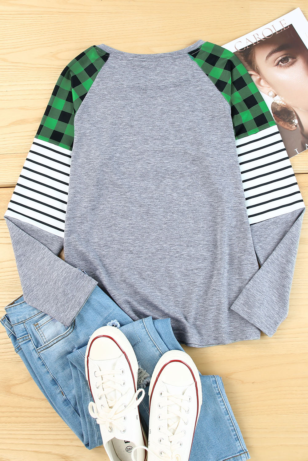 Green Buffalo Plaid & Stripe Splicing Long Sleeve Top