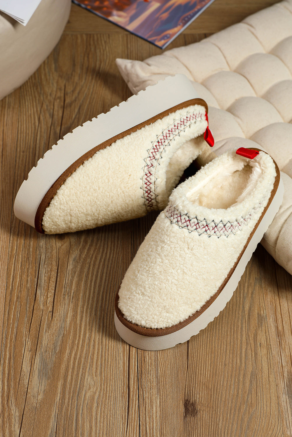 Chestnut Embroidered Sherpa Plush Thick Sole Snow Boots