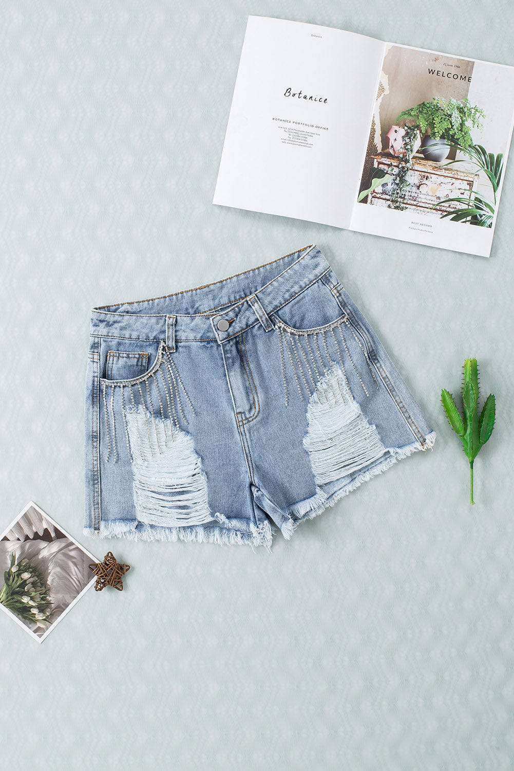 Rhinestone Tassel Distressed Denim Shorts