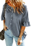 Ruffled Half Sleeve Buttoned Loose T Shirt