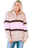 Striped Color Block Knit Zip Collared Sweater