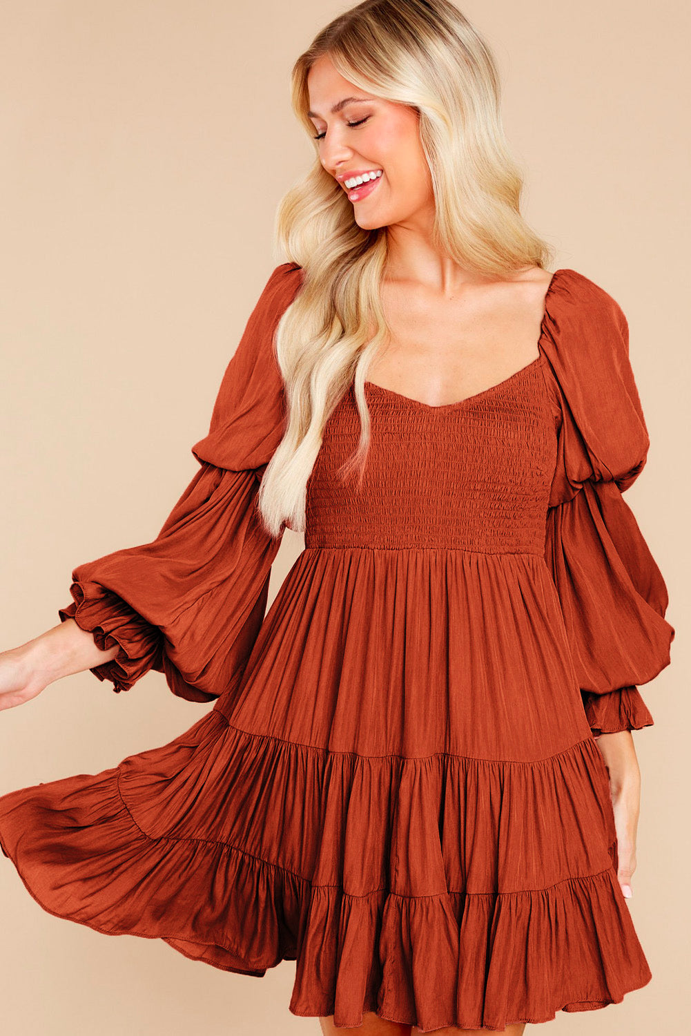 Boho Solid Shirred Ruffle Mini Dress