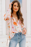 Abstract Print Split Neck Puff Sleeve Blouse