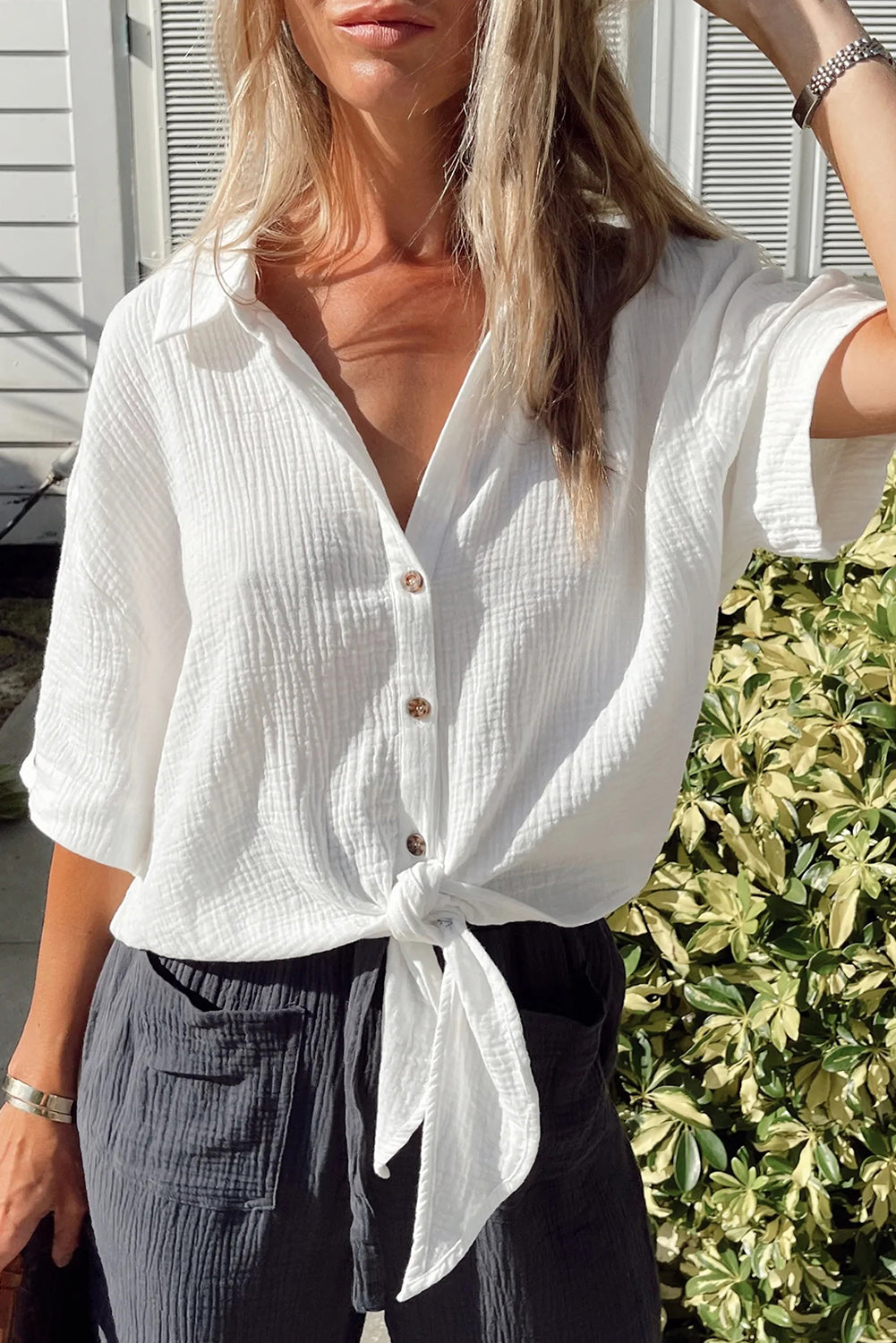 Textured Knotted Button-up Half Sleeve Shirt