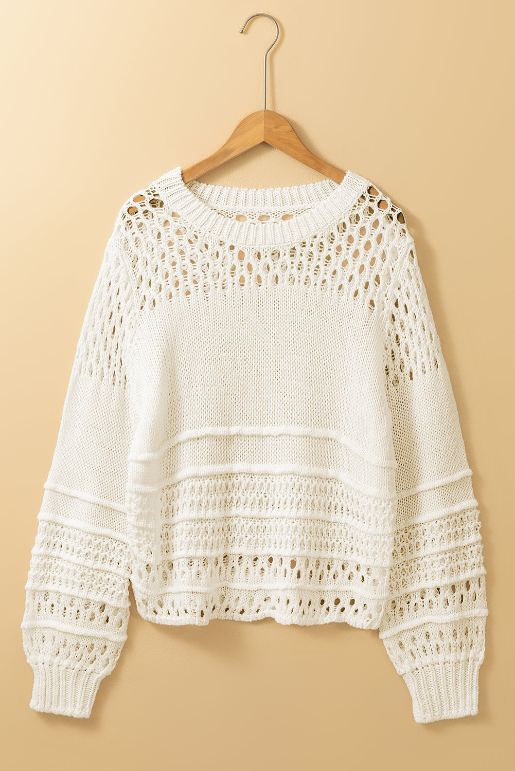 Solid Color Pointelle Knit Puff Sleeve Sweater