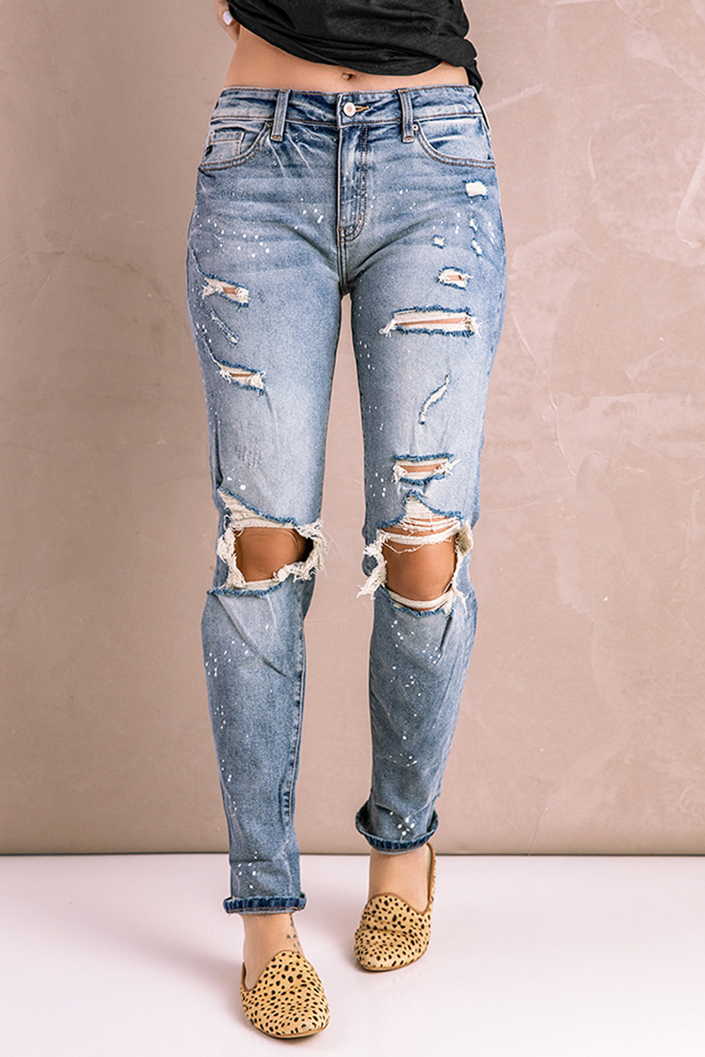 Distressed Faded Splatter Denim Pants