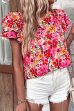 Blouse à manches superposées à fleurs rouge