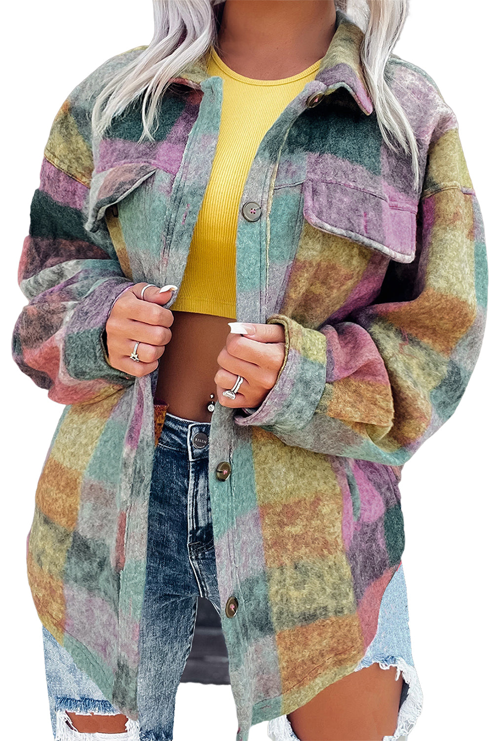 Veste longue surdimensionnée à poches et carreaux brossés multicolores