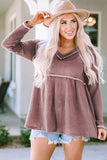 Waffle Knit V Neck Long Sleeve Babydoll Top